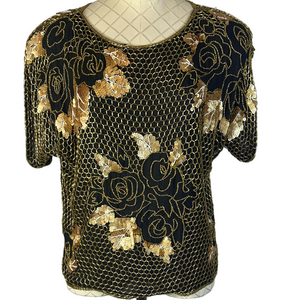 Carolyne Barton Black and Gold Sequin Silk Blouse size large vintage